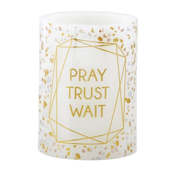 White and Gold LED Candle with words Pray Trust Wait - Light Off