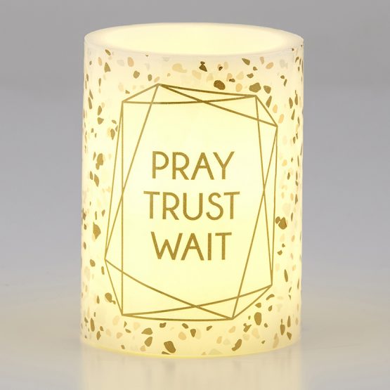 White and Gold LED Candle with words Pray Trust Wait - Light On