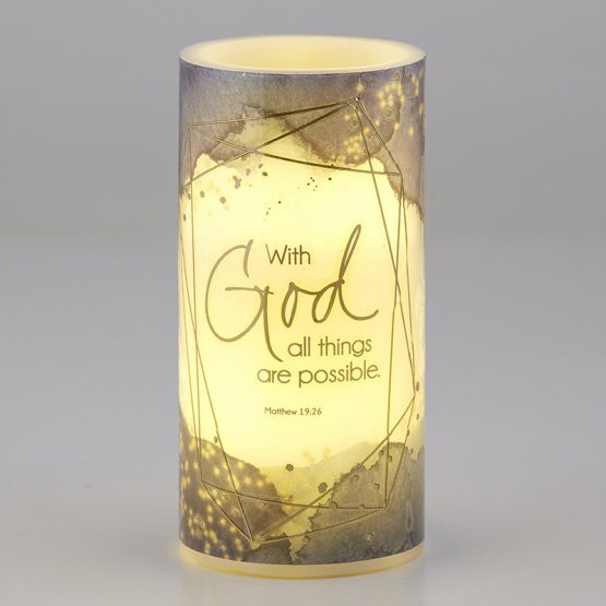 Flameless candle that reads: With God all things are possible (Matthew 19:26) - Light On